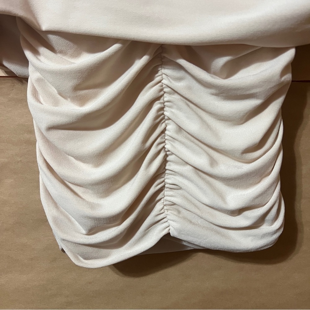 Pixie Market | Riva Ruched Off The Shoulder Top Crepe Jersey Beige Size M - Picture 6 of 12